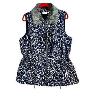 Weekends by Chico’s Animal Print Zipper Vest  Navy White Sz 3 (size XL)